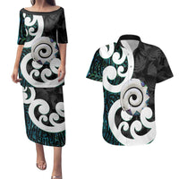Aotearoa Koru Couples Matching Puletasi and Hawaiian Shirt Cyan Maori Paua Shell Mix Silver Fern LT14 Black - Polynesian Pride