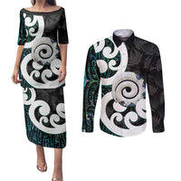Aotearoa Koru Couples Matching Puletasi and Long Sleeve Button Shirt Cyan Maori Paua Shell Mix Silver Fern LT14 Black - Polynesian Pride