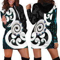 Aotearoa Koru Hoodie Dress Cyan Maori Paua Shell Mix Silver Fern LT14 - Polynesian Pride