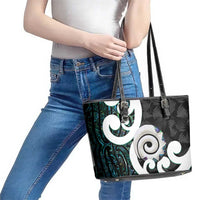 Aotearoa Koru Leather Tote Bag Cyan Maori Paua Shell Mix Silver Fern LT14 - Polynesian Pride