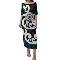 Aotearoa Koru Puletasi Cyan Maori Paua Shell Mix Silver Fern LT14 Long Dress Black - Polynesian Pride