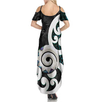 Aotearoa Koru Summer Maxi Dress Cyan Maori Paua Shell Mix Silver Fern LT14 - Polynesian Pride