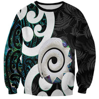 Aotearoa Koru Sweatshirt Cyan Maori Paua Shell Mix Silver Fern LT14 Unisex Black - Polynesian Pride