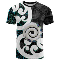 Aotearoa Koru T Shirt Cyan Maori Paua Shell Mix Silver Fern LT14 Black - Polynesian Pride