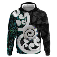 Aotearoa Koru Zip Hoodie Cyan Maori Paua Shell Mix Silver Fern