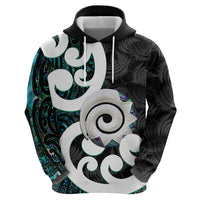 Aotearoa Koru Zip Hoodie Cyan Maori Paua Shell Mix Silver Fern