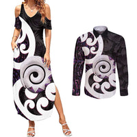 Aotearoa Koru Couples Matching Summer Maxi Dress and Long Sleeve Button Shirt Purple Maori Paua Shell Mix Silver Fern LT14 Black - Polynesian Pride