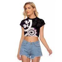 Aotearoa Koru Raglan Cropped T Shirt Purple Maori Paua Shell Mix Silver Fern LT14 Female Black - Polynesian Pride