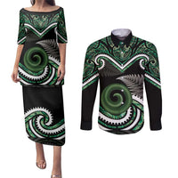 Koru Pounamu Aotearoa Couples Matching Puletasi and Long Sleeve Button Shirt Maori Paua Shell Mix Silver Fern LT14 Black - Polynesian Pride