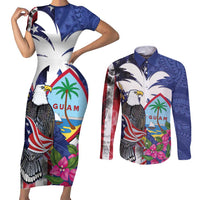 United States Guam Couples Matching Short Sleeve Bodycon Dress and Long Sleeve Button Shirt USA Eagle Guahan Seal Bougainvillea - Polynesian Pride