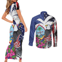 United States Guam Couples Matching Short Sleeve Bodycon Dress and Long Sleeve Button Shirt USA Eagle Guahan Seal Bougainvillea - Polynesian Pride