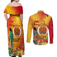 Papua New Guinea Independence Day Couples Matching Off Shoulder Maxi Dress and Long Sleeve Button Shirt 50th Anniversary Unity in Diversity LT14 - Polynesian Pride