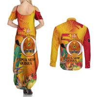 Papua New Guinea Independence Day Couples Matching Summer Maxi Dress and Long Sleeve Button Shirt 50th Anniversary Unity in Diversity LT14 - Polynesian Pride