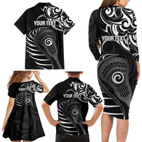 Personalised New Zealand Silver Fern Lacrosse Family Matching Long Sleeve Bodycon Dress and Hawaiian Shirt Aotearoa Maori Pattern