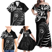 Personalised New Zealand Silver Fern Lacrosse Family Matching Off Shoulder Maxi Dress and Hawaiian Shirt Aotearoa Maori Pattern