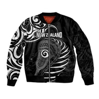 Personalised New Zealand Silver Fern Lacrosse Sleeve Zip Bomber Jacket Aotearoa Maori Pattern