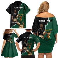 Personalised New Zealand And South Africa Rugby Family Matching Off Shoulder Short Dress and Hawaiian Shirt 2024 All Black Springboks Mascots Together