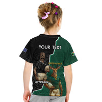Personalised New Zealand And South Africa Rugby Kid T Shirt 2024 All Black Springboks Mascots Together