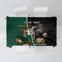 Personalised New Zealand And South Africa Rugby Tablecloth 2024 All Black Springboks Mascots Together