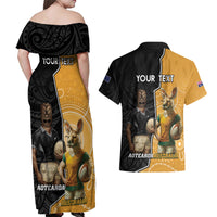 Personalised New Zealand And Australia Rugby Couples Matching Off Shoulder Maxi Dress and Hawaiian Shirt 2024 All Black Wallabies Mascots Together