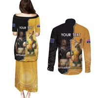 Personalised New Zealand And Australia Rugby Couples Matching Puletasi and Long Sleeve Button Shirt 2024 All Black Wallabies Mascots Together LT14 - Polynesian Pride