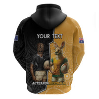 Personalised New Zealand And Australia Rugby Zip Hoodie 2024 All Black Wallabies Mascots Together