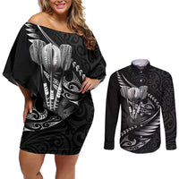 Personalised All Black New Zealand Darts Couples Matching Off Shoulder Short Dress and Long Sleeve Button Shirt Aoteroa Fern Maori Galaxy Style