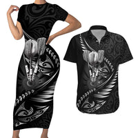 Personalised All Black New Zealand Darts Couples Matching Short Sleeve Bodycon Dress and Hawaiian Shirt Aoteroa Fern Maori Galaxy Style