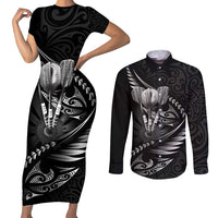 Personalised All Black New Zealand Darts Couples Matching Short Sleeve Bodycon Dress and Long Sleeve Button Shirt Aoteroa Fern Maori Galaxy Style