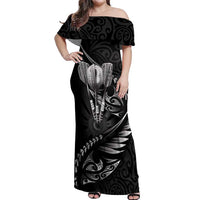 Personalised All Black New Zealand Darts Off Shoulder Maxi Dress Aoteroa Fern Maori Galaxy Style