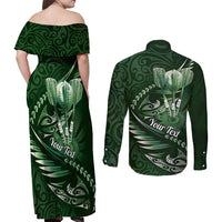 Personalised All Green New Zealand Darts Couples Matching Off Shoulder Maxi Dress and Long Sleeve Button Shirt Aoteroa Fern Maori Galaxy Style