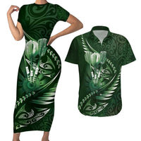 Personalised All Green New Zealand Darts Couples Matching Short Sleeve Bodycon Dress and Hawaiian Shirt Aoteroa Fern Maori Galaxy Style