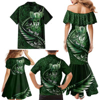 Personalised All Green New Zealand Darts Family Matching Mermaid Dress and Hawaiian Shirt Aoteroa Fern Maori Galaxy Style