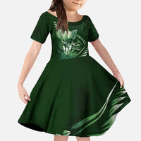 Personalised All Green New Zealand Darts Family Matching Off The Shoulder Long Sleeve Dress and Hawaiian Shirt Aoteroa Fern Maori Galaxy Style