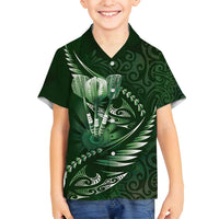 Personalised All Green New Zealand Darts Family Matching Off Shoulder Maxi Dress and Hawaiian Shirt Aoteroa Fern Maori Galaxy Style