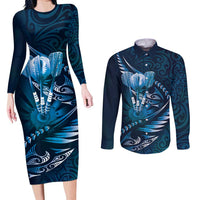 Personalised All Blue New Zealand Darts Couples Matching Long Sleeve Bodycon Dress and Long Sleeve Button Shirt Aoteroa Fern Maori Galaxy Style