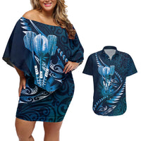 Personalised All Blue New Zealand Darts Couples Matching Off Shoulder Short Dress and Hawaiian Shirt Aoteroa Fern Maori Galaxy Style