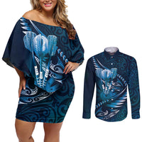 Personalised All Blue New Zealand Darts Couples Matching Off Shoulder Short Dress and Long Sleeve Button Shirt Aoteroa Fern Maori Galaxy Style
