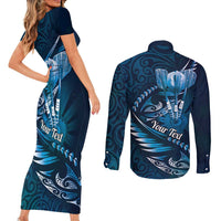 Personalised All Blue New Zealand Darts Couples Matching Short Sleeve Bodycon Dress and Long Sleeve Button Shirt Aoteroa Fern Maori Galaxy Style
