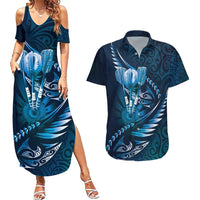 Personalised All Blue New Zealand Darts Couples Matching Summer Maxi Dress and Hawaiian Shirt Aoteroa Fern Maori Galaxy Style