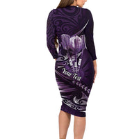 Personalised All Purple New Zealand Darts Family Matching Long Sleeve Bodycon Dress and Hawaiian Shirt Aoteroa Fern Maori Galaxy Style