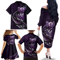 Personalised All Purple New Zealand Darts Family Matching Off The Shoulder Long Sleeve Dress and Hawaiian Shirt Aoteroa Fern Maori Galaxy Style