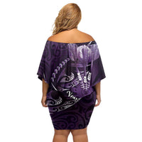 Personalised All Purple New Zealand Darts Family Matching Off Shoulder Short Dress and Hawaiian Shirt Aoteroa Fern Maori Galaxy Style