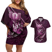Personalised All Pink New Zealand Darts Couples Matching Off Shoulder Short Dress and Hawaiian Shirt Aoteroa Fern Maori Galaxy Style