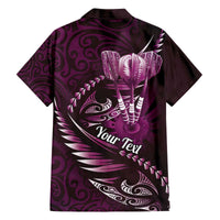 Personalised All Pink New Zealand Darts Family Matching Off The Shoulder Long Sleeve Dress and Hawaiian Shirt Aoteroa Fern Maori Galaxy Style