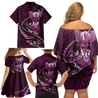 Personalised All Pink New Zealand Darts Family Matching Off Shoulder Short Dress and Hawaiian Shirt Aoteroa Fern Maori Galaxy Style