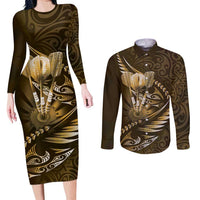 Personalised All Gold New Zealand Darts Couples Matching Long Sleeve Bodycon Dress and Long Sleeve Button Shirt Aoteroa Fern Maori Galaxy Style
