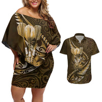 Personalised All Gold New Zealand Darts Couples Matching Off Shoulder Short Dress and Hawaiian Shirt Aoteroa Fern Maori Galaxy Style