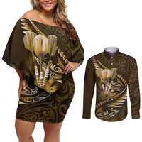 Personalised All Gold New Zealand Darts Couples Matching Off Shoulder Short Dress and Long Sleeve Button Shirt Aoteroa Fern Maori Galaxy Style