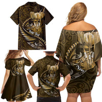 Personalised All Gold New Zealand Darts Family Matching Off Shoulder Short Dress and Hawaiian Shirt Aoteroa Fern Maori Galaxy Style